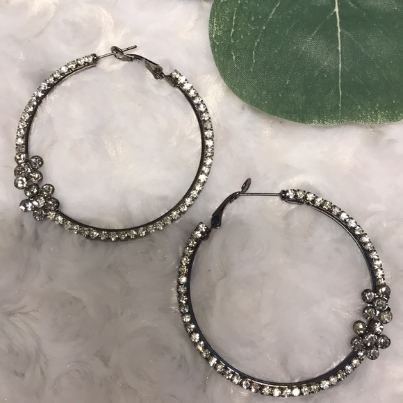 New 2 inch Rhinestone hoop earrings sparkle stones on gun metal color hoop - Picture 3 of 8